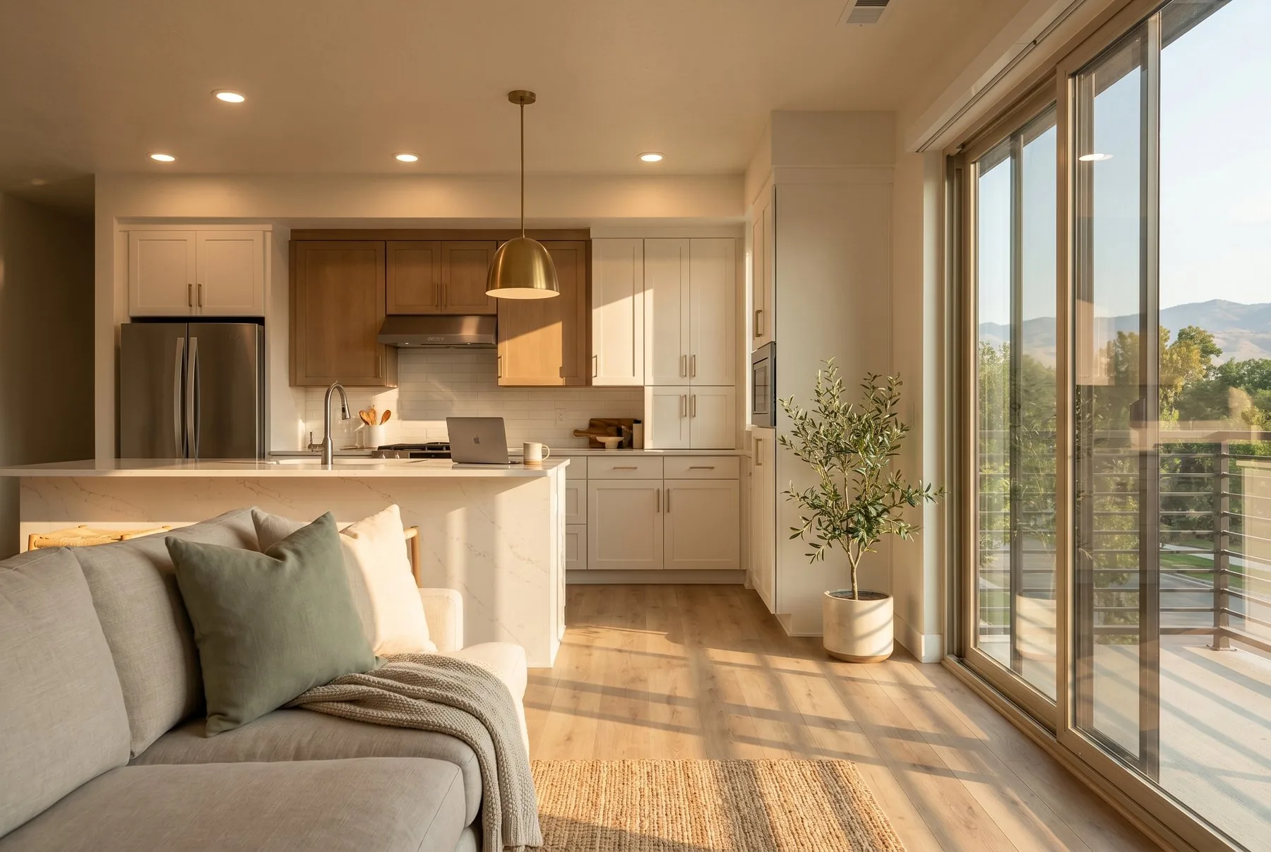 Modern apartment kitchen and open living area at golden hour, with quartz island, warm wood cabinets and a foothill view