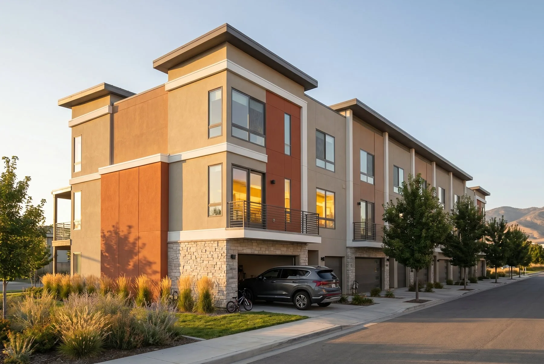 Three-story Arête townhome with attached garage on a quiet residential street
