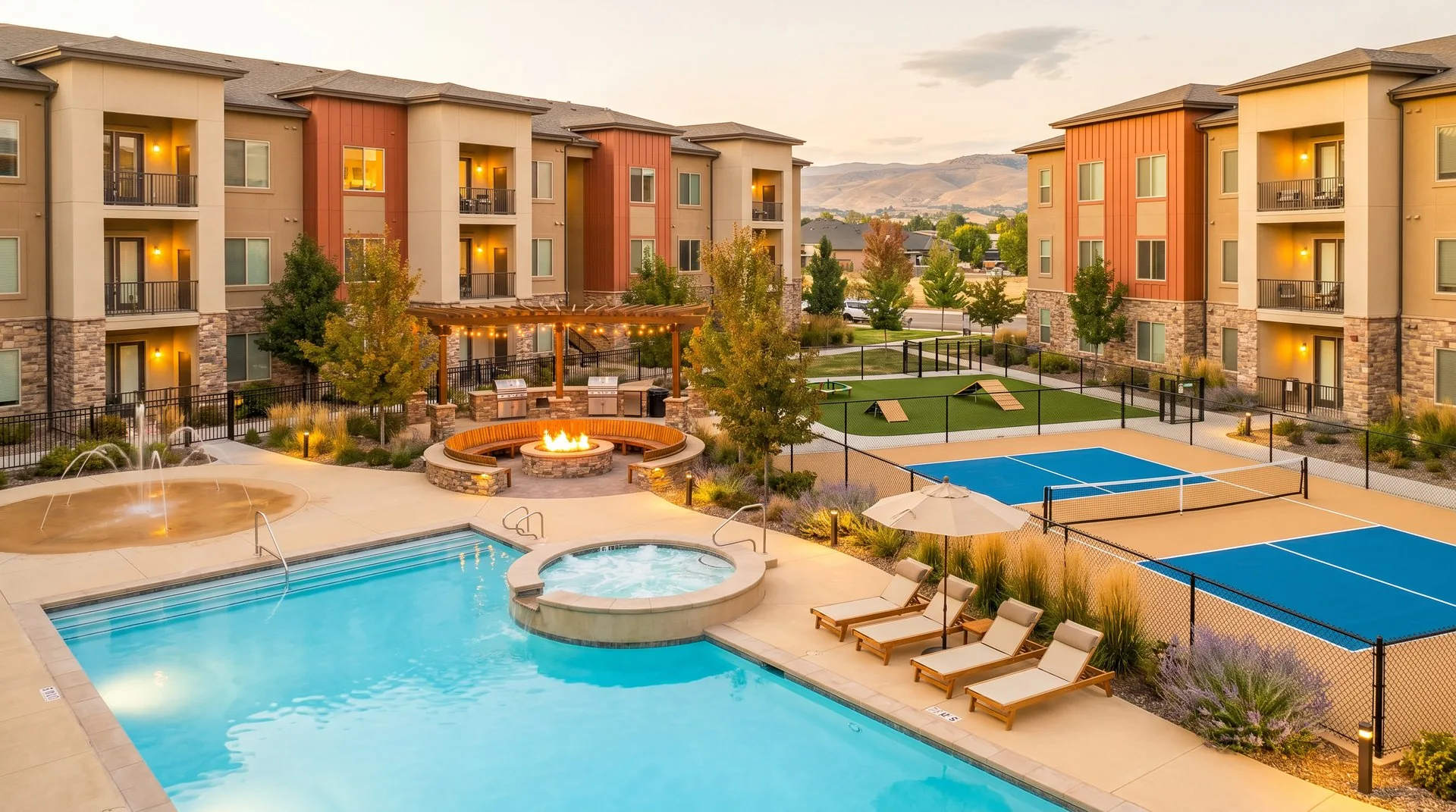 Arête central amenity courtyard at golden hour with pool, pickleball courts, fire pit, and balconied apartment buildings